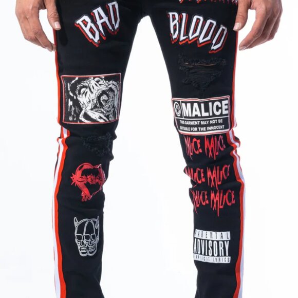 Sugarhill Malice Skinny Jeans Destroyed Black Red Hip Hop Grunge Dark 32x32 - Picture 3 of 16